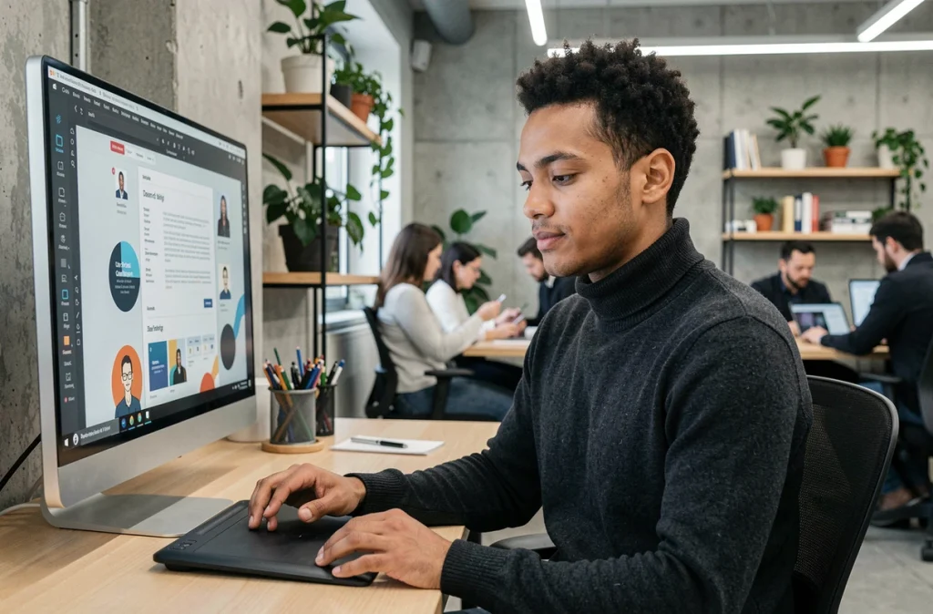 Graphiste masculin révisant la mise en page de son CV créatif sur écran dans un espace de coworking moderne