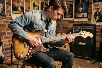 Guitariste jouant des accords de Téléphone sur une guitare électrique vintage dans un studio de répétition