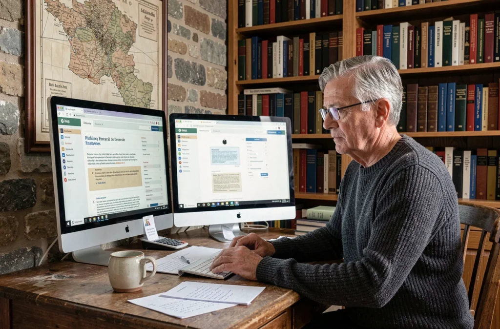Historien amateur consultant une base de données d'archives d'abbayes françaises sur ordinateur