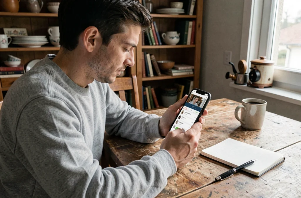 Homme utilisant une application de chine et brocante sur smartphone assis à une table en bois chez lui