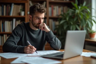 Homme concentré devant un jeu de mots sur ordinateur portable entouré de notes manuscrites, illustrant le passage de Cémantix à Cépantix