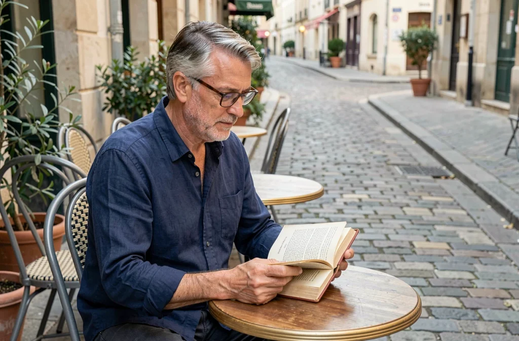 Homme lisant un roman historique en poche en terrasse de café dans une rue pavée parisienne