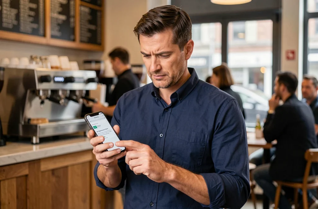 Homme confus consultant son smartphone dans un café après avoir trouvé une mauvaise adresse de site web