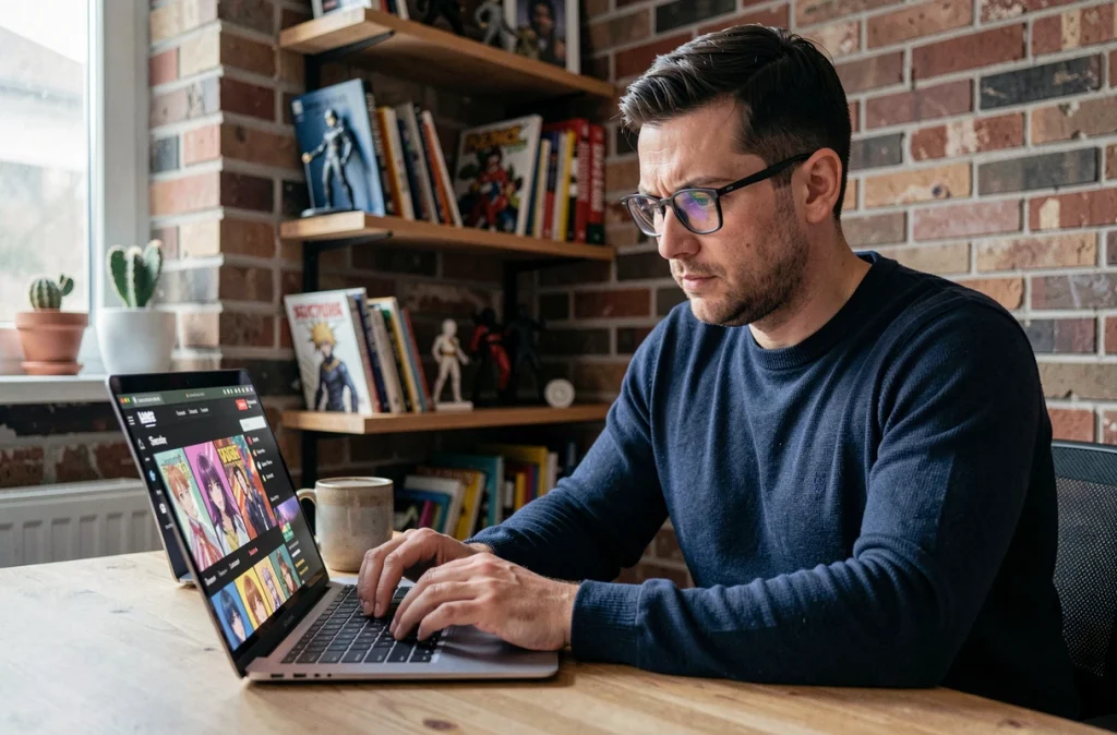 Homme avec des lunettes consultant un site de streaming d'anime francophone sur un ordinateur portable dans un bureau créatif
