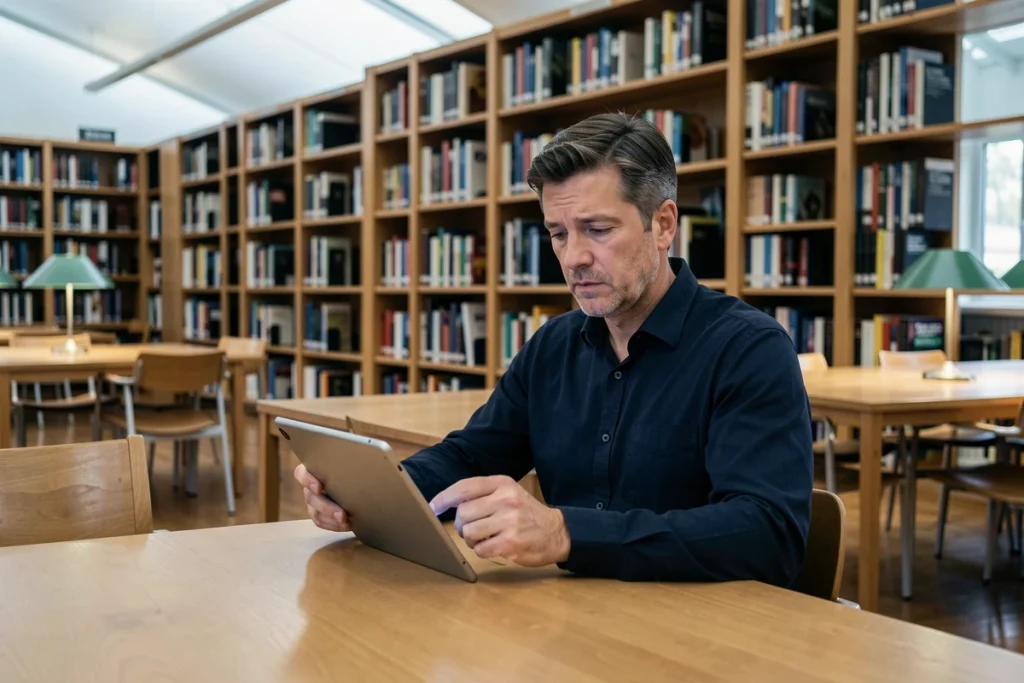 Homme consultant une tablette dans une bibliothèque publique à la recherche d'alternatives pour accéder à des ebooks en ligne