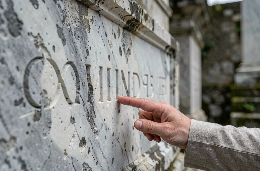 Gros plan d'une inscription en chiffres romains gravée dans la pierre ancienne avec une main qui retrace les caractères pour étude