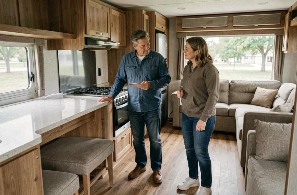 Couple évaluant l'intérieur aménagé d'un mobil-home haut de gamme en showroom, cuisine équipée et parquet bois pour un achat réfléchi