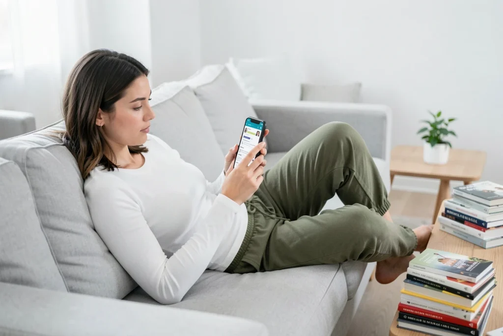 Jeune femme allongée sur un canapé cherchant des sites alternatifs à Fourtoutici pour télécharger des ebooks sur son smartphone