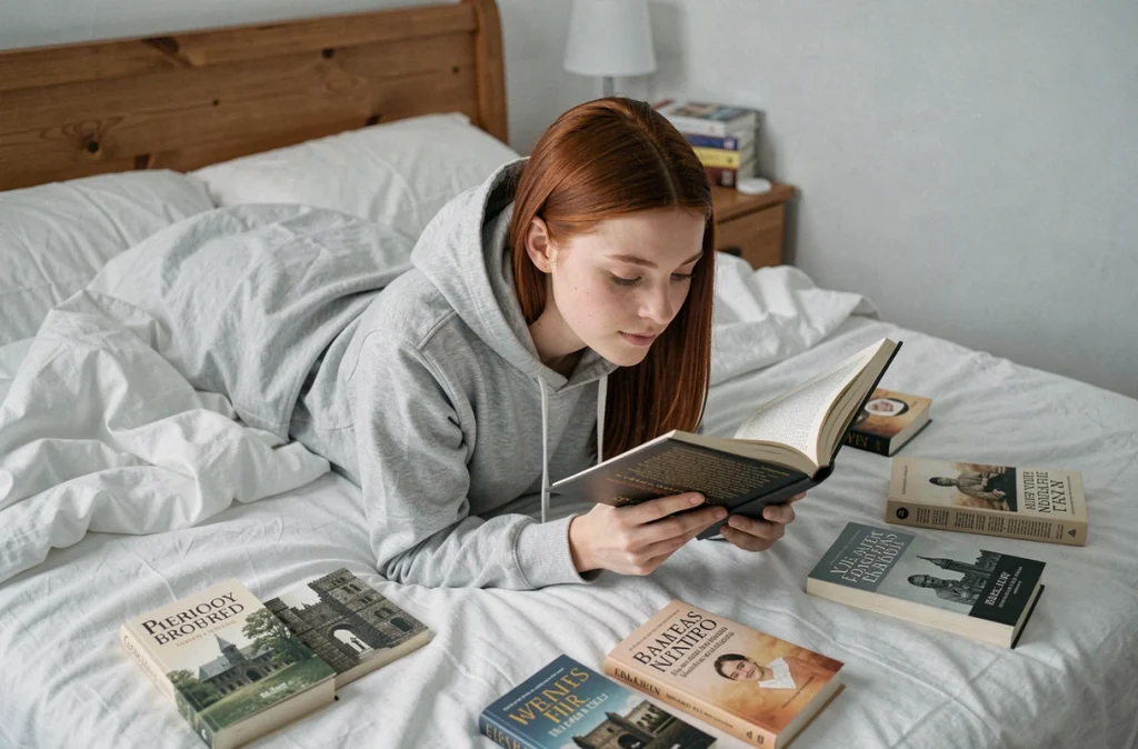 Jeune femme allongée sur un lit entourée de romans historiques en poche dans une chambre d'étudiant