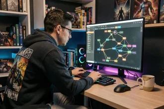 Joueur concentré devant un écran affichant un arbre de compétences RPG pour débuter un build dans Path of Exile 2