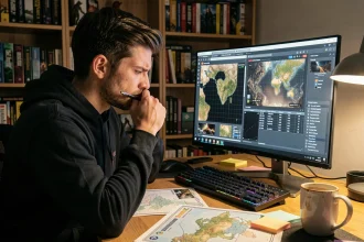 Joueur de Dofus comparant manuellement des portails sur son ordinateur avec des cartes imprimées et des notes
