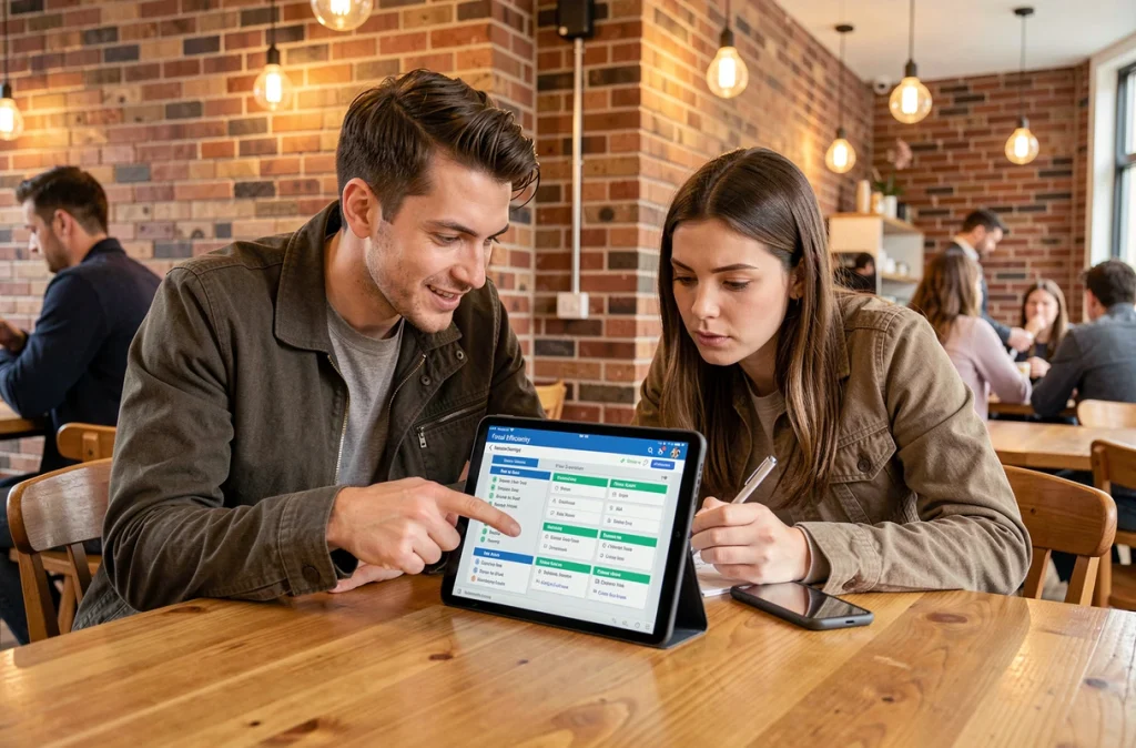 Deux joueurs de Dofus comparant la rentabilité des portails sur une tablette dans un café
