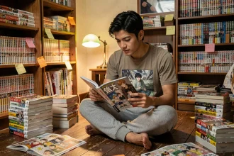 Jeune homme lisant un manga One Piece en version scan dans une chambre entourée de volumes empilés