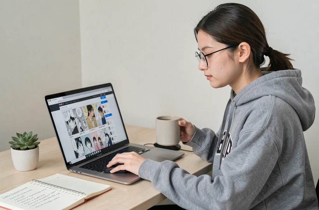 Jeune femme lisant des scans de manga One Piece sur un ordinateur portable dans un bureau minimaliste