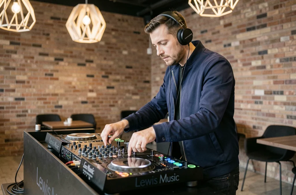 DJ Lewis Music en performance derrière sa table de mixage dans une salle événementielle moderne du Rhône