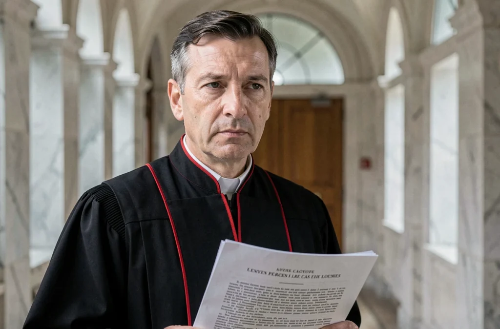 Magistrat français dans un couloir de palais de justice tenant un texte de loi, symbole de l'encadrement juridique des sites de vidcaps en France