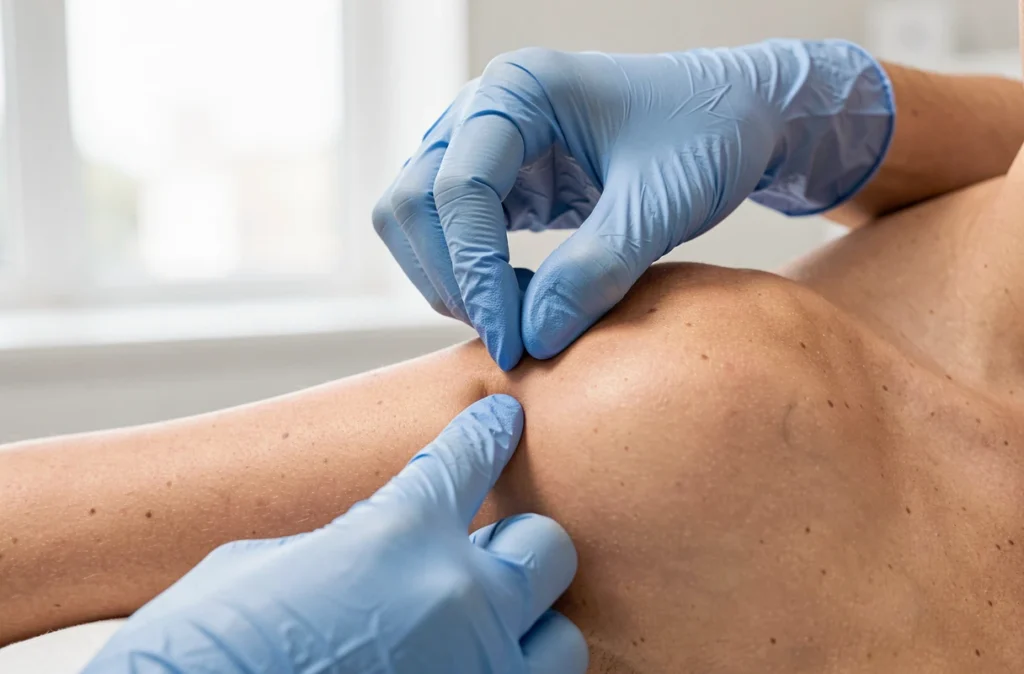 Mains gantées repérant le point d'injection sous l'épaule d'un patient