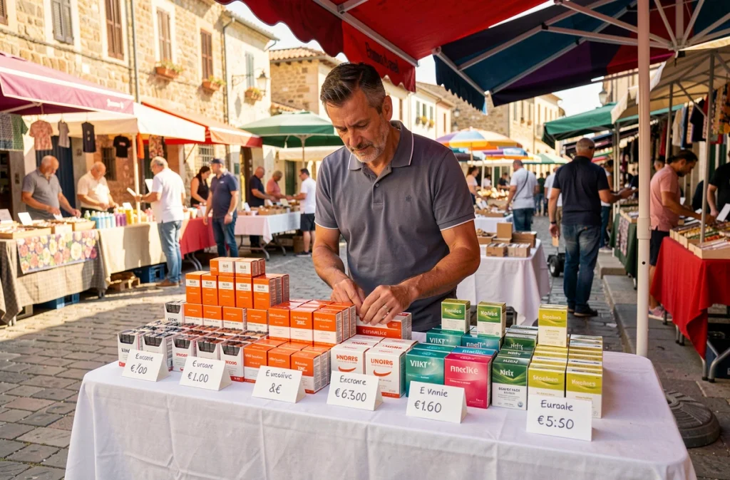 Étal de marché espagnol présentant des cartouches de cigarettes avec prix en euros dans une ville frontalière