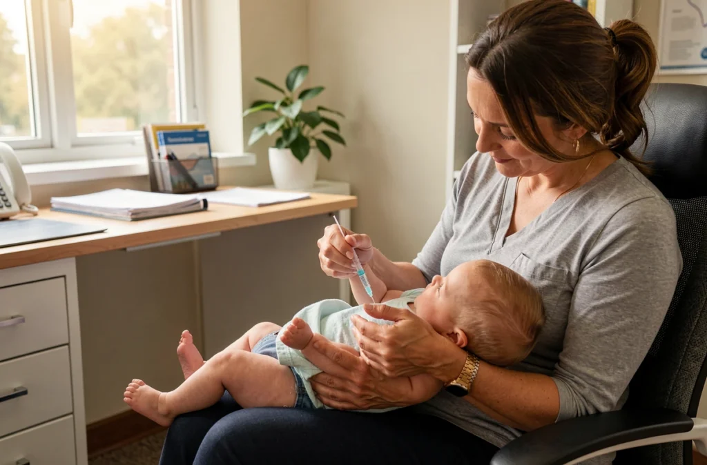 Médecin préparant un vaccin dans la cuisse d'un nourrisson tenu par un parent