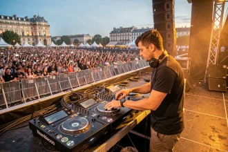 DJ professionnel sur scène lors d'un grand événement musical dans le Rhône, foule en arrière-plan