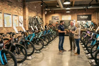 Intérieur d'un magasin de vélos électriques dans les Hauts-de-France avec plusieurs modèles exposés et des conseillers aidant des clients