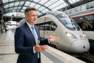 Ministre du transport français en costume devant un train grande vitesse dans une gare moderne, symbolisant la transition mobilité