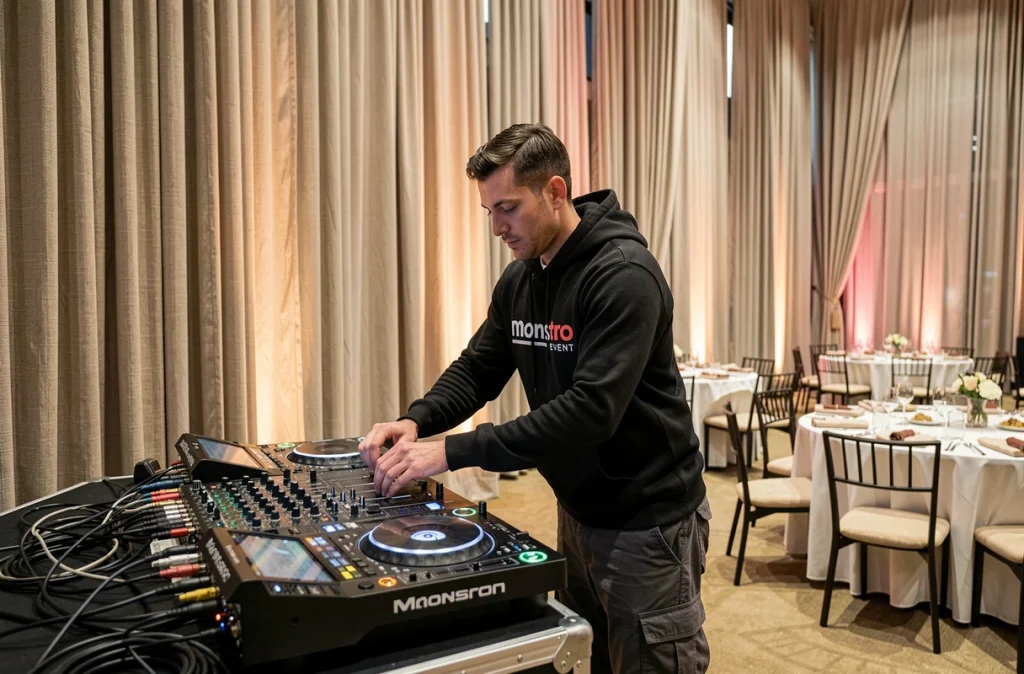DJ de Monstro Event installant son matériel dans une grande salle de réception du Rhône