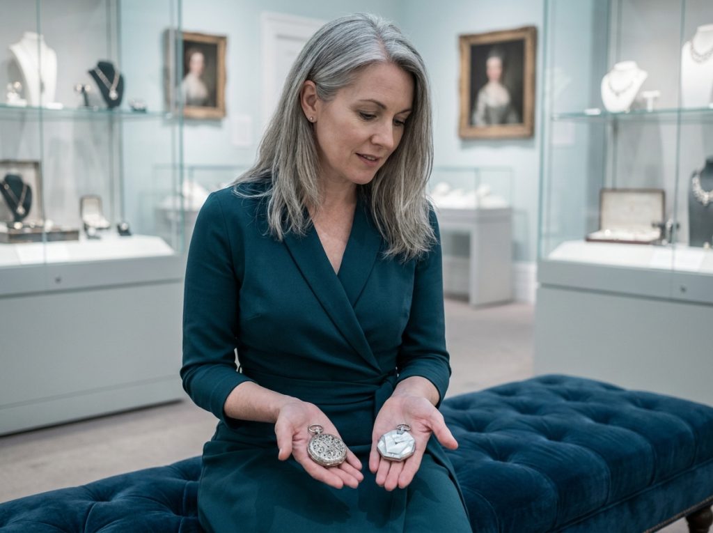 Femme comparant deux montres à gousset féminines anciennes dans une galerie de musée