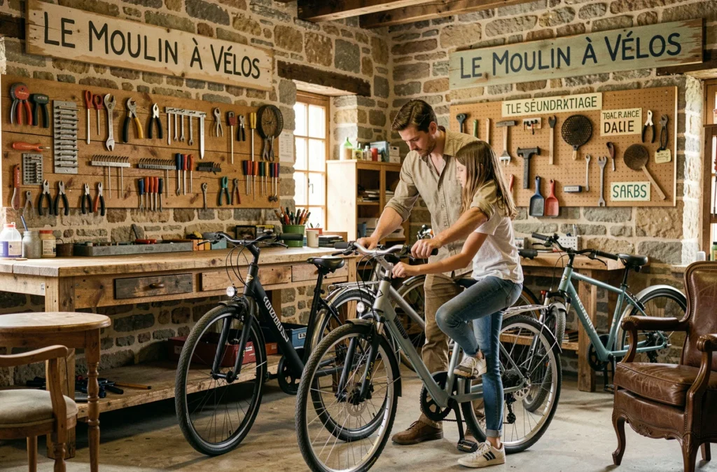 Atelier coopératif du Moulin à Vélos avec un mécanicien bénévole aidant une jeune personne à réparer un vélo électrique reconditionné