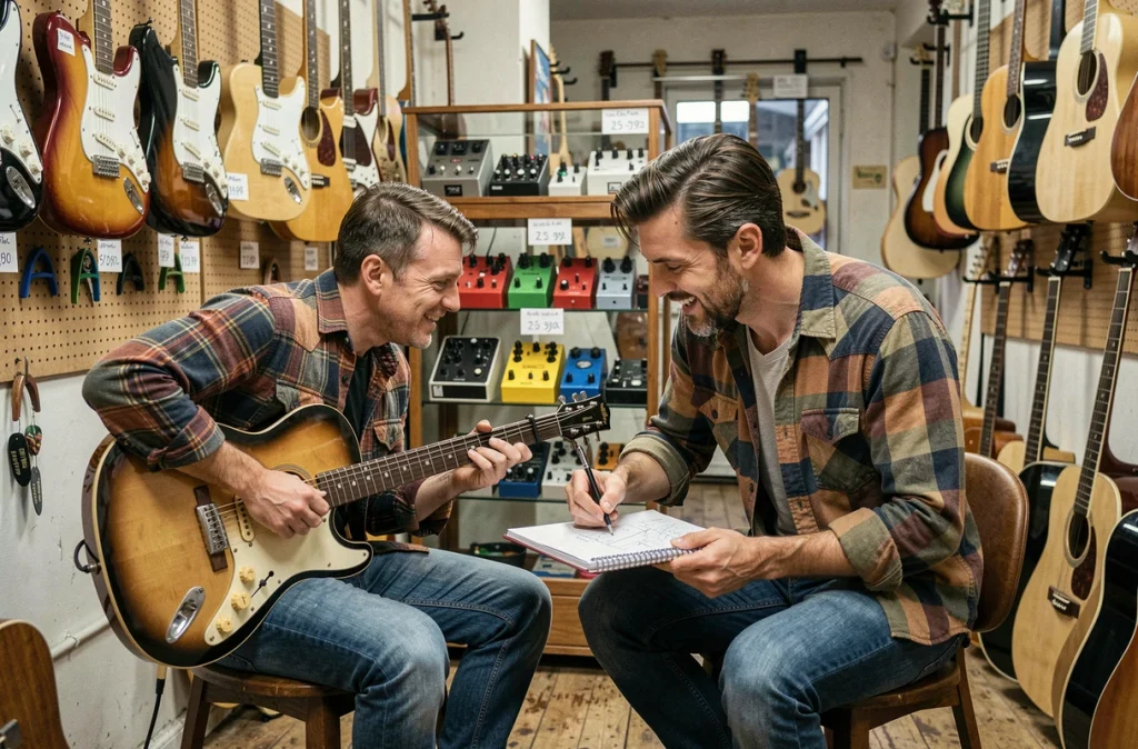 Deux musiciens étudiant les rythmes et positions d'accords de Téléphone dans une guitare boutique