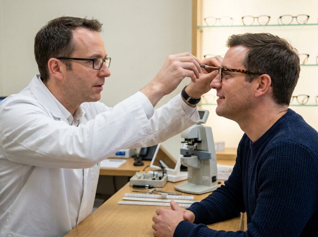 Opticien ajustant une monture de lunettes sur un client lors d'une consultation professionnelle