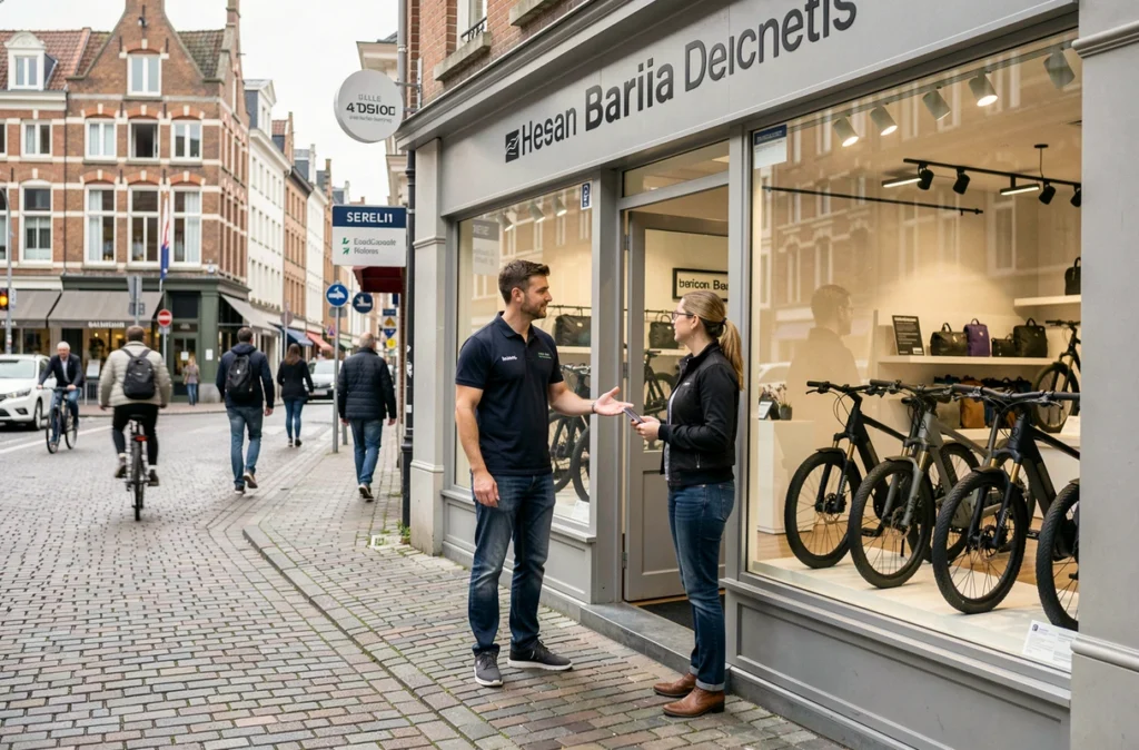 Devanture du magasin OVELO spécialiste vélo électrique à Lille avec un conseiller accueillant un client