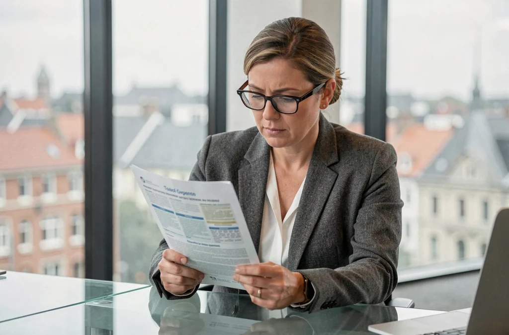 Femme professionnelle consultant la réglementation fiscale belge sur les cartouches de cigarettes dans un bureau à Bruxelles