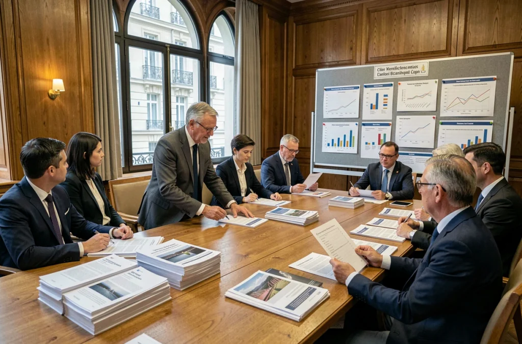 Réunion ministérielle sur la transition mobilité en France dans une salle institutionnelle parisienne avec graphiques de mobilité urbaine