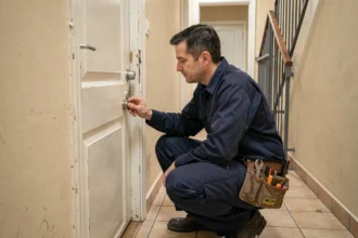 Serrurier professionnel intervenant devant une porte d'appartement dans un immeuble résidentiel de Champigny-sur-Marne