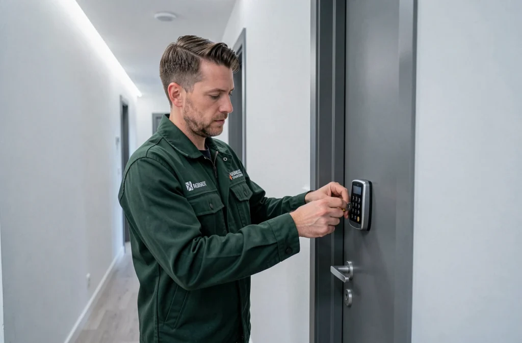 Serrurier Obat installant une serrure à clavier numérique sur une porte d'appartement moderne à Champigny-sur-Marne