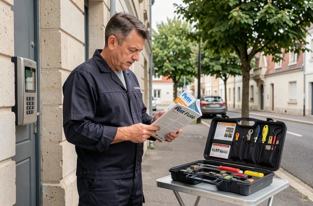 Serrurier référencé par le Petit Futé consultant un guide local devant une résidence de Champigny-sur-Marne
