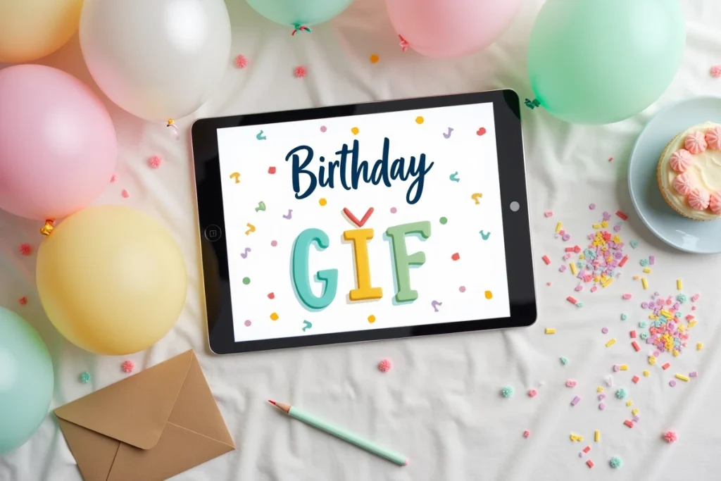 Vue de dessus d'une table d'anniversaire décorée avec une tablette affichant un GIF animé de félicitations entouré de ballons et confettis